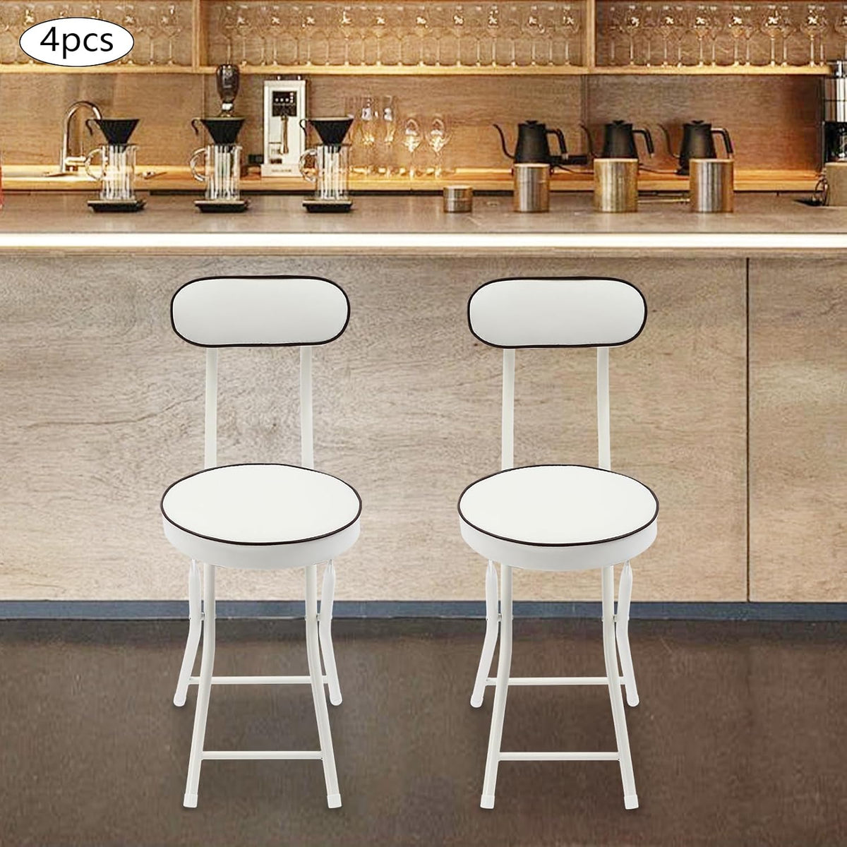 Foldable Chair 4pcs Steel High Portable Folding Indoor Counter Bar Stool Cushioned Padded Stools Seating with Backrest for Kitchen Island Shop Cafe Workshop, Studio- Load 275lbs (White)