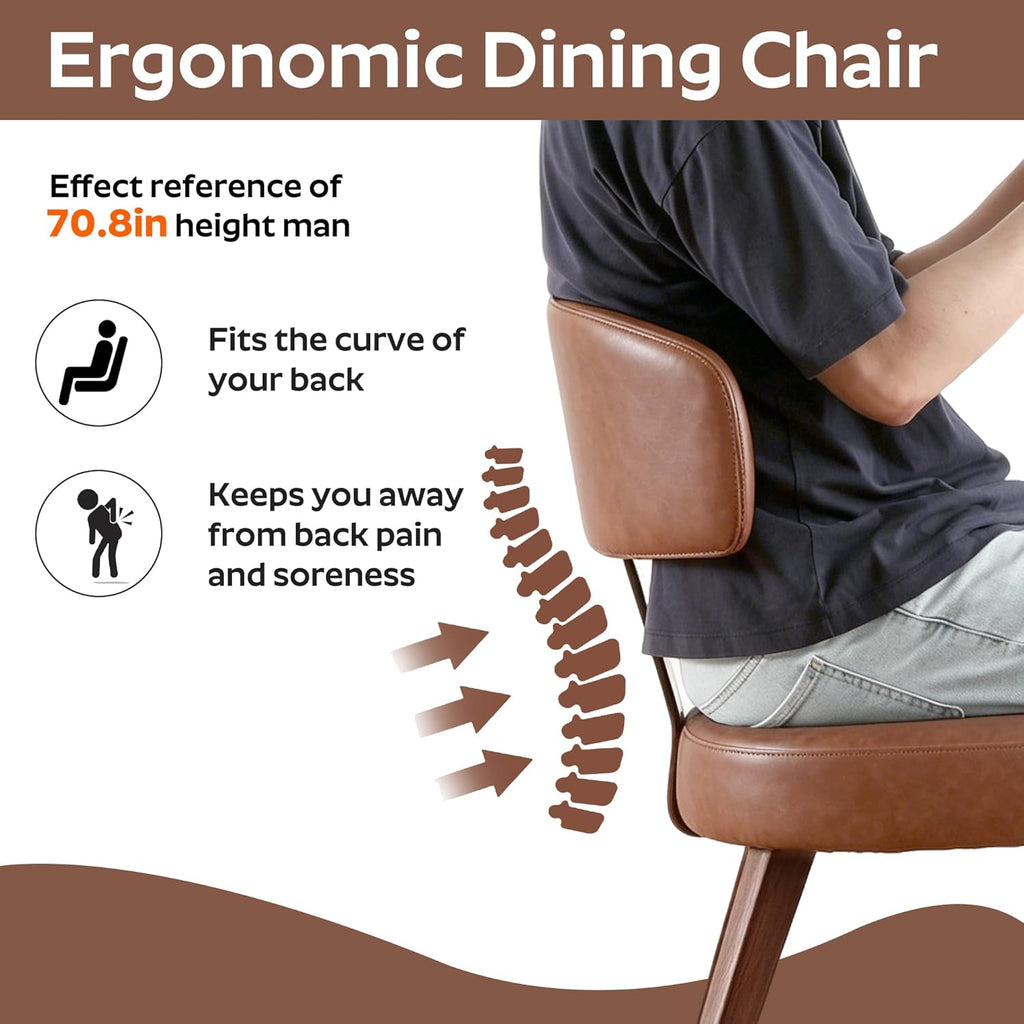 Mid-Century Dining Chair Set of 4, Upholstered Kitchen Chair with T-Shaped Back, Faux Leather with Wood Grain Metal Legs, Comfortable Padded Seat forKitchen, Living Room, Brown(Only Chairs)