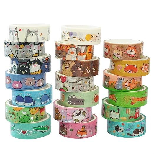 20 Rolls Cute Animals Washi Tape Set, Gold Silver Foil Cartoon Pets Decorative Tape for Bullet Journal, Planner, DIY Arts Crafts, Scrapbooking, Holiday Decoration