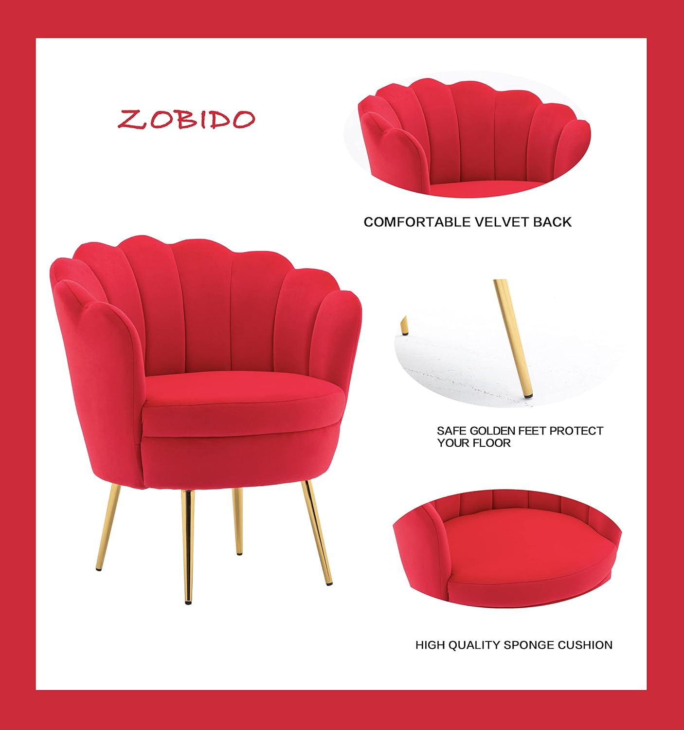 Modern Accent Velvet Chairs Comfy Upholstered Vanity Chairs for Bedroom Armchair Dining Chairs with Golden Metal Legs Desk Chair Makeup Chairs for Living Room （red）