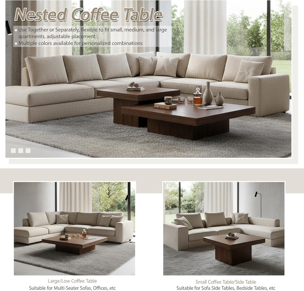 Nesting Coffee Table Set of 2, Modern Square Coffee Tables and Side Table Set, Full Floor Structure, Small Wooden Living Room Table for Living Room, Office, Reception Room