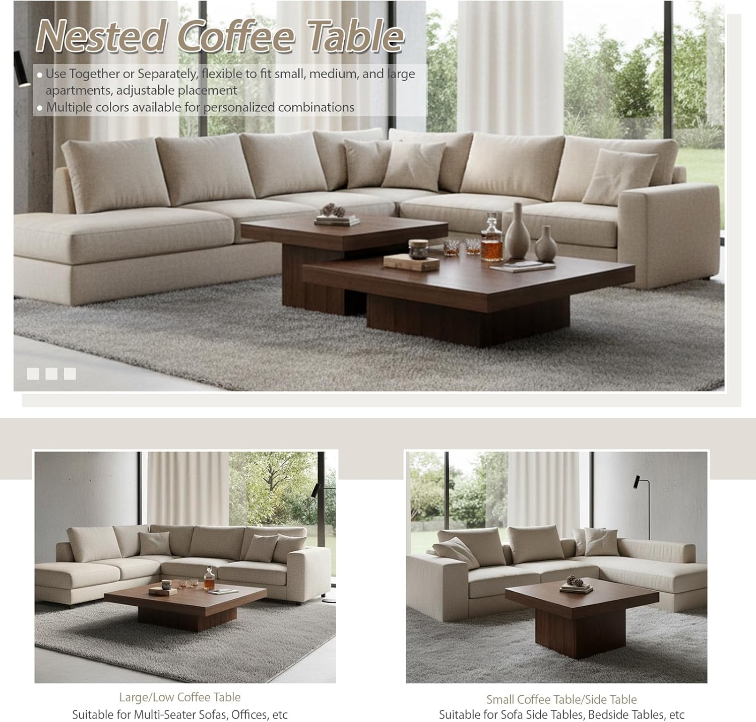 Nesting Coffee Table Set of 2, Modern Square Coffee Tables and Side Table Set, Full Floor Structure, Small Wooden Living Room Table for Living Room, Office, Reception Room