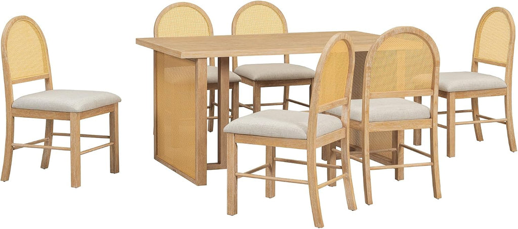 Merax 7-Piece Dining Table Set, Farmhouse Dining Table with Distressed Oak Veneer and 6 Chairs, Rustic Kitchen Furniture for Dining Room, Natural