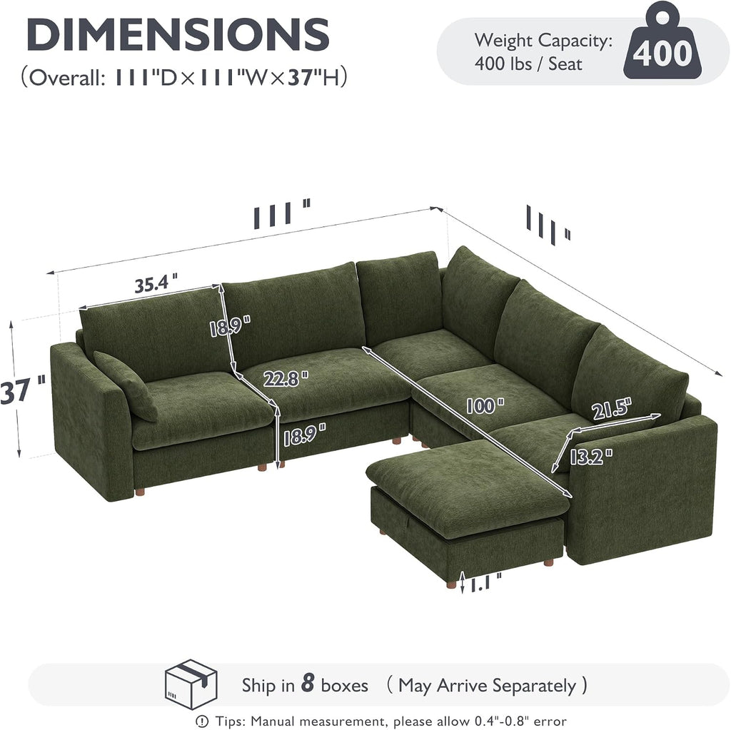 Ihanherry 111" Oversized Modular Sectional Sofa, Modern V Shaped Cloud Couch with Storage Ottoman, 6-Seat Comfy Chenille Deep Seat Sofa with 2 Pillows for Living Room, Green