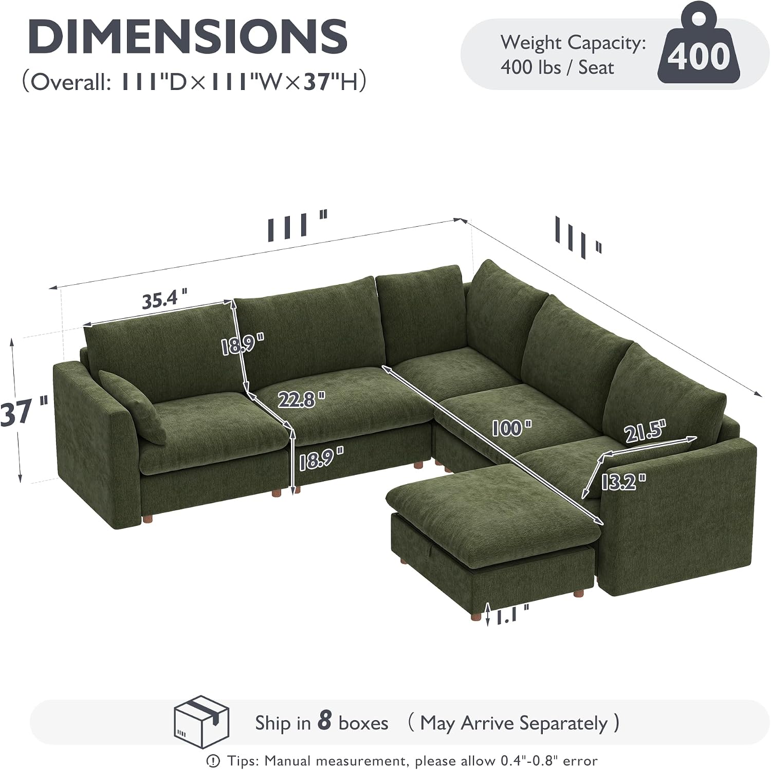Ihanherry 111" Oversized Modular Sectional Sofa, Modern V Shaped Cloud Couch with Storage Ottoman, 6-Seat Comfy Chenille Deep Seat Sofa with 2 Pillows for Living Room, Green