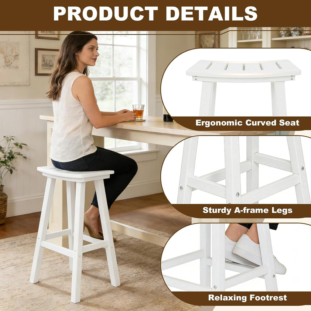 Outdoor Bar Stools Set of 6, 29 Inch All-Weather HDPE Bar Height Chairs, 500lbs Heavy Duty Patio Stools with Saddle Seat for Pub Table, Deck, Backyard(White, 6 Pcs 29")