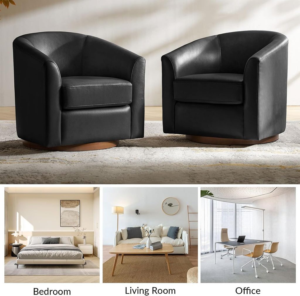 HULALA HOME Genuine Leather Swivel Barrel Accent Chairs Set of 2, Black | Transitional Round Swivel Accent Chair with Solid Wood Base, No Assembly Required, for Living Room Bedroom Reading Relaxation