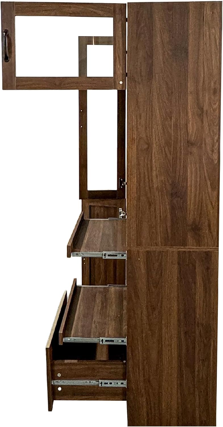 Walnut Kitchen Hutch Cabinet, Farmhouse Buffet Sideboard with Coffee Bar | Slide out tray, clear glass doors, open microwave counter, large bottom drawer, tall pantry cupboard, storage unit