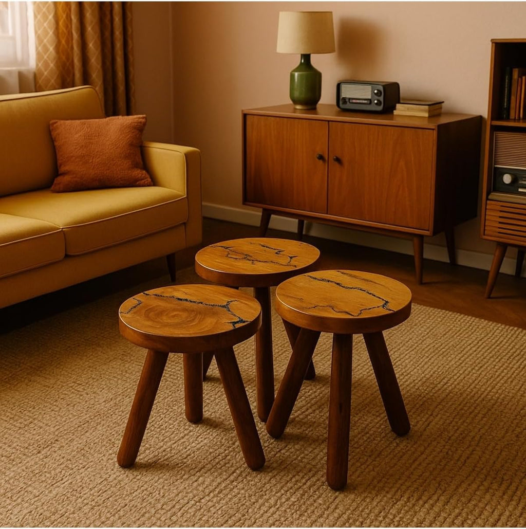 Solid Wood Nesting Side Tables 3 Piece Set Round Top Retro Style Coffee Table Wood Brown 48-14.2 in Height - Brown
