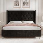 PaPaJet Queen Velvet Bed Frame with 49.2" Tall Wingback Headboard, Black