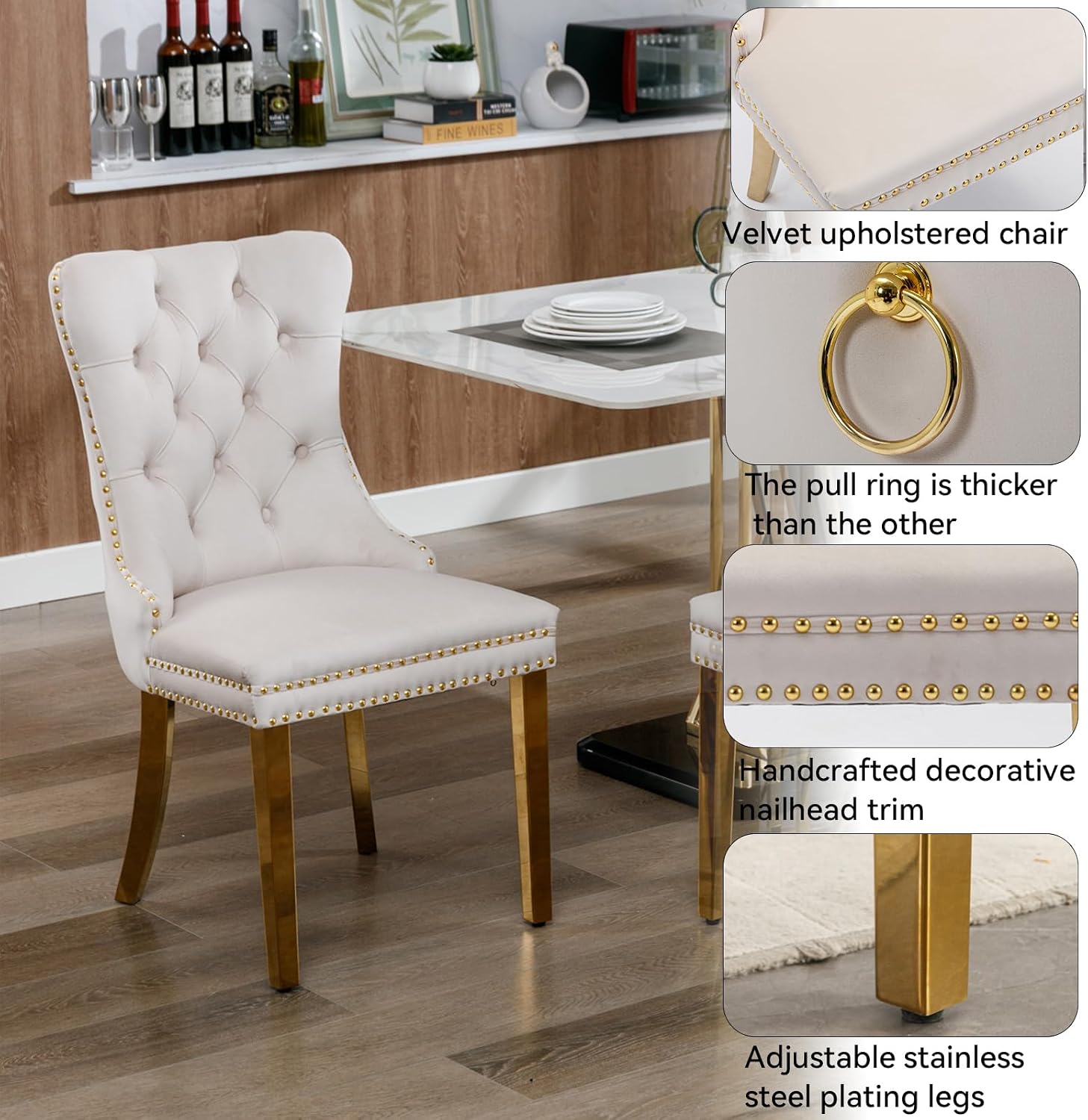 60" Modern Gold Glass Dining Room Table Set for 6, 7-Piece Rectangle Kitchen Dining Table Set with Cross Chrome Metal Legs & 6 Beige Velvet Upholstered Chairs, Kitchen Table and Chairs Set