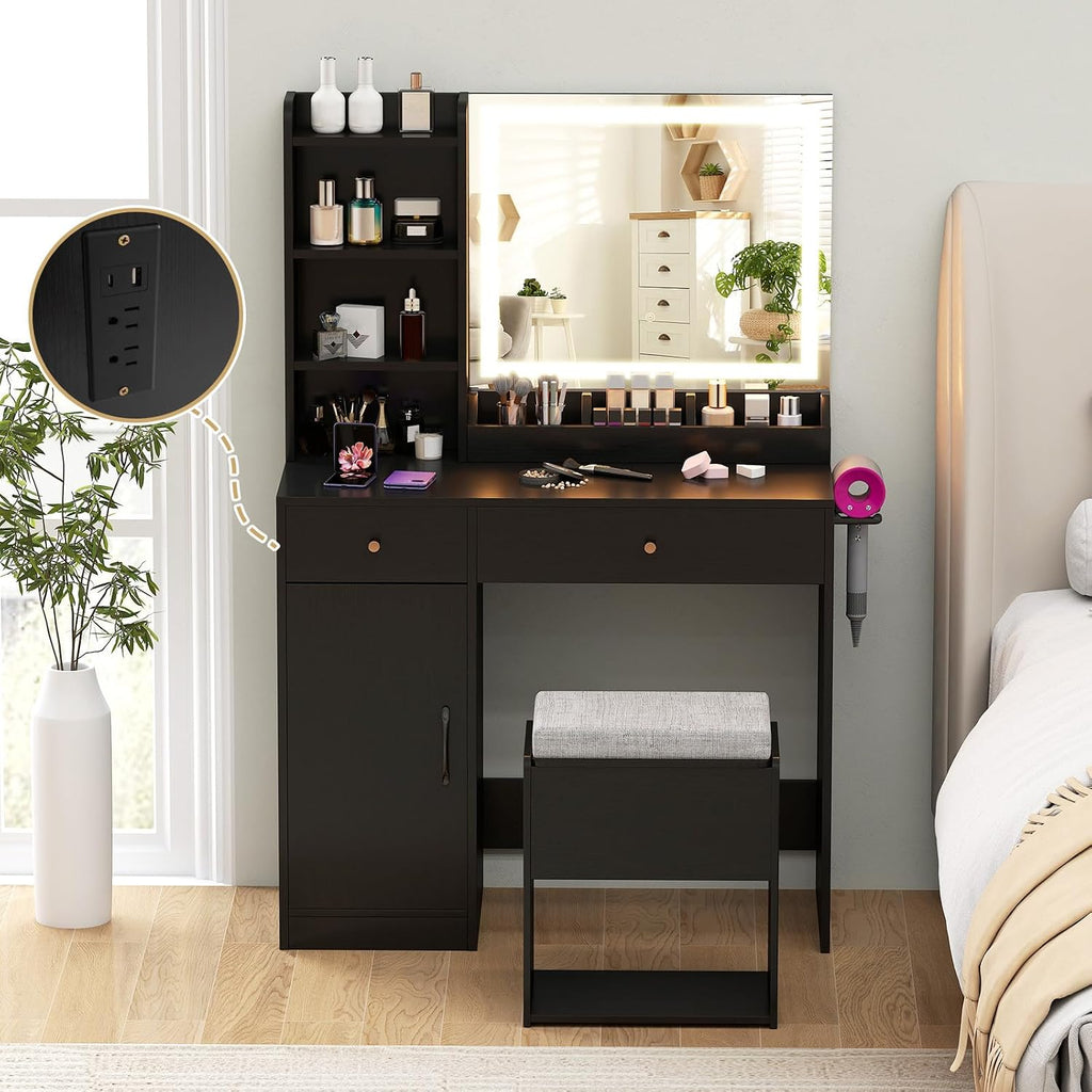 CHARMAID Makeup Vanity Desk with Lighted Mirror & Charging Station, Vanity Table with Storage Stool, Drawers, Cabinet & Shelves, LED Mirror with 3 Color Lights, Dressing Table for Bedroom (Black)