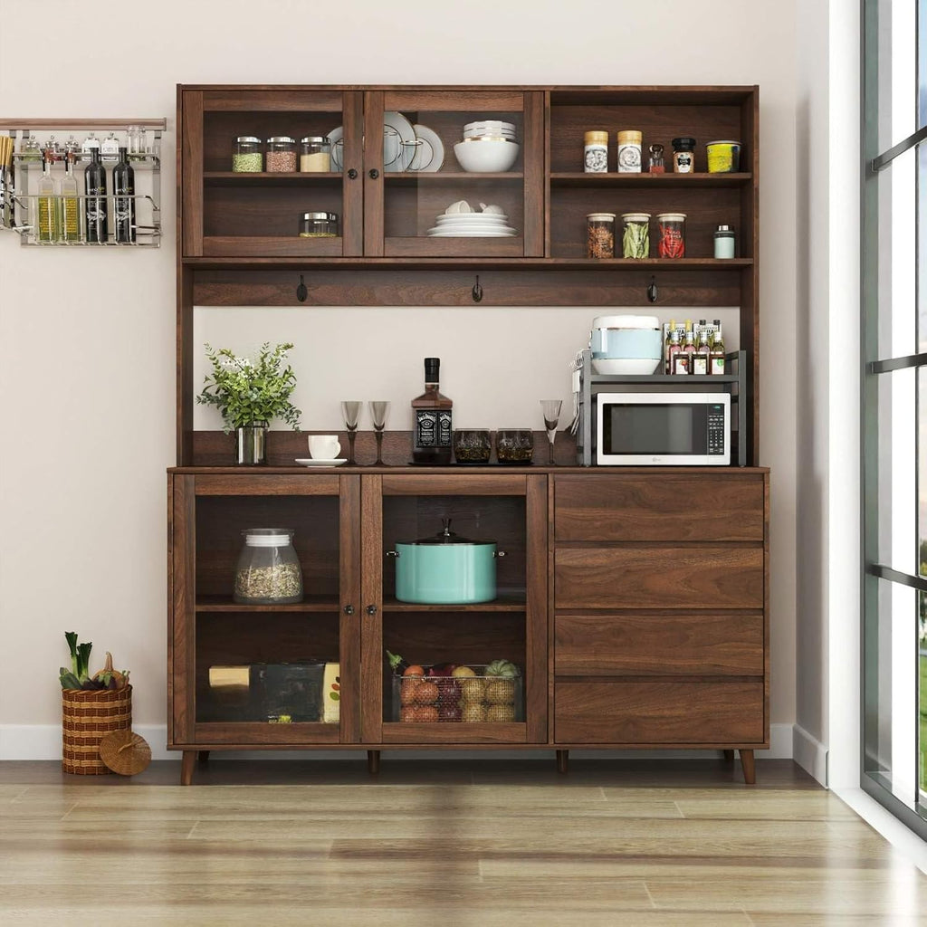 Kitchen Pantry Cabinet with Hutch, 4 Drawers, Glass Doors, Adjustable Shelves, and Open Storage, Freestanding Sideboard for Dining Room or Living Room