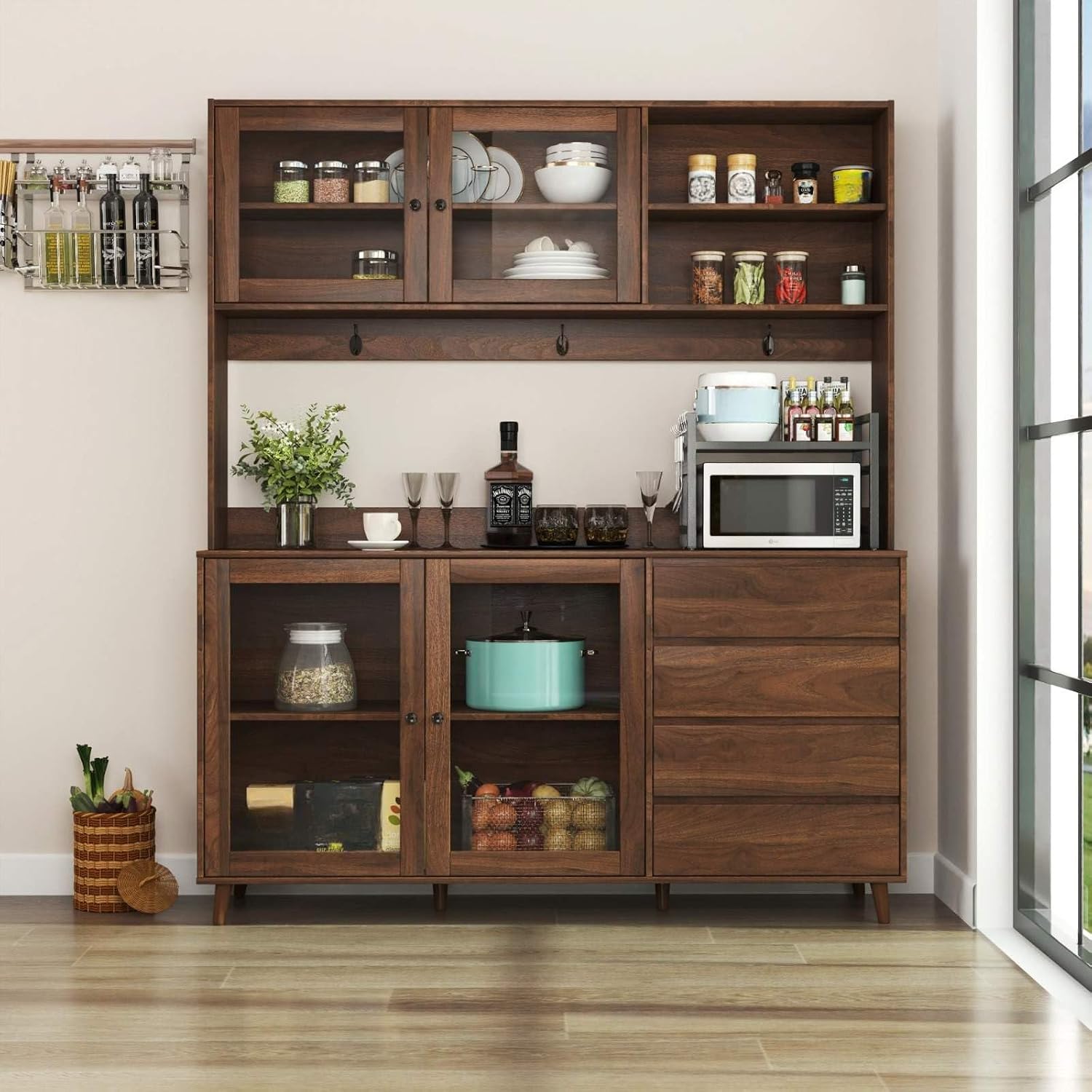 Kitchen Pantry Cabinet with Hutch, 4 Drawers, Glass Doors, Adjustable Shelves, and Open Storage, Freestanding Sideboard for Dining Room or Living Room