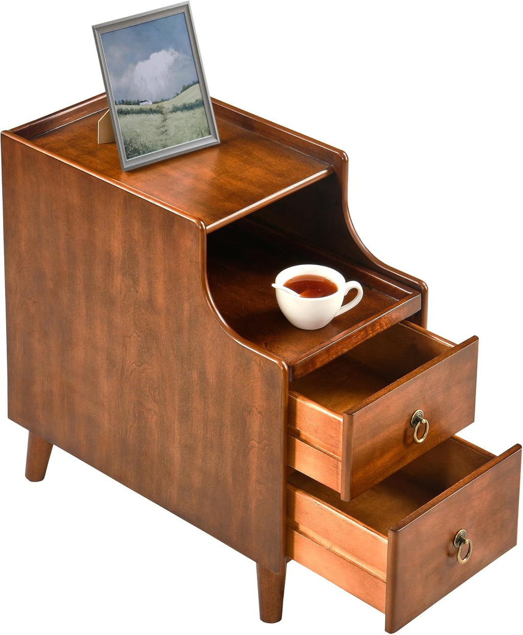 Set of 2 Solid Wood Narrow Nightstand with 2 Drawers, Fully Assembled Skinny Night Stand with Pull-out Tray for Bedroom, Pre-Assembled Vintage Wooden Slim Side Table for Small Space, 21.7x11.8x23in