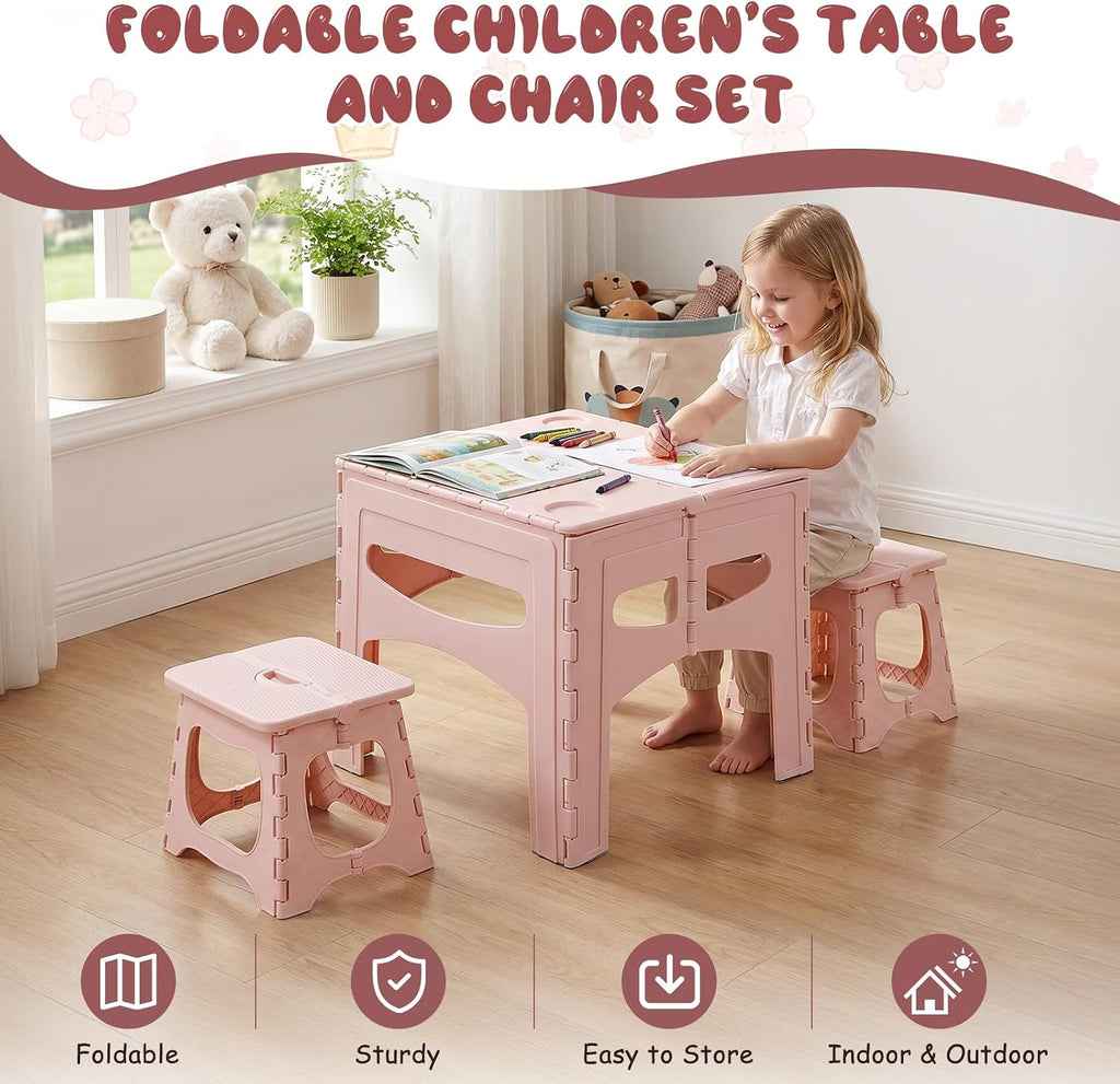 Kids Foldable Table and 2 Chairs Set, Portable Toddler Activity Table with Rounded Corners, PP Plastic Folding Picnic Set for Crafts, Snacks, Playroom, Patio, Indoor Outdoor Use