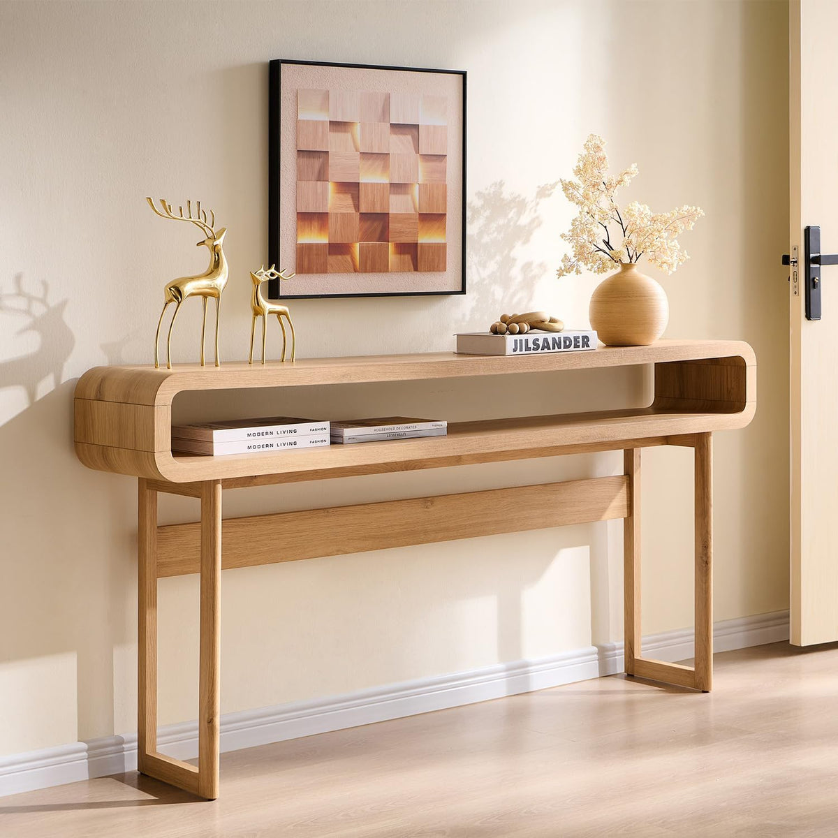 IFGET 63-Inch Long Console Table, 31.5" Tall Modern Entryway Table with Open Storage Shelf, Curved Profile Design, Narrow Wood Sofa Table Behind Couch Table for Living Room, Hallway,Foyer, Natural Oak