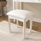 White Vanity Stool Bench, Padded Seat Cushion for Makeup Room | Minimalist Style | Solid Wood Frame | High Elastic Sponge | Waterproof PU Leather | Scratch-proof Feet | Easy 5-min Assembly