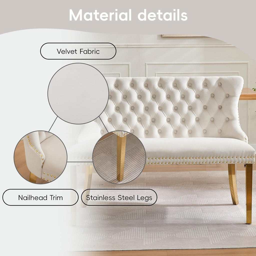 Velvet Double Dining Loveseat Bench with Wing Back, Tufted Upholstered 2-Seat Design,Golden Stainless Steel Legs, Modern Mid-Century Accent Seating for Dining Room, Kitchen, or Entryway (Beige)