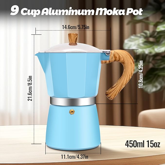 9 Cup Aluminum Moka Pot Classic Stovetop Espresso Coffee Maker 450ml 15oz Coffeemaker Percolator Mocha Pot Greca Coffee Maker Cafe Makers for Italian and Cuban Café Brewing Blue