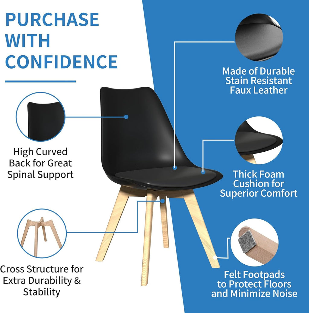 Dining Chairs Set of 4, Mid-Century Kitchen & Dining Room Chairs with Wood Legs and Cushion, Leather Dining Chairs Set for Living Room, Kitchen, Black 4 Pack