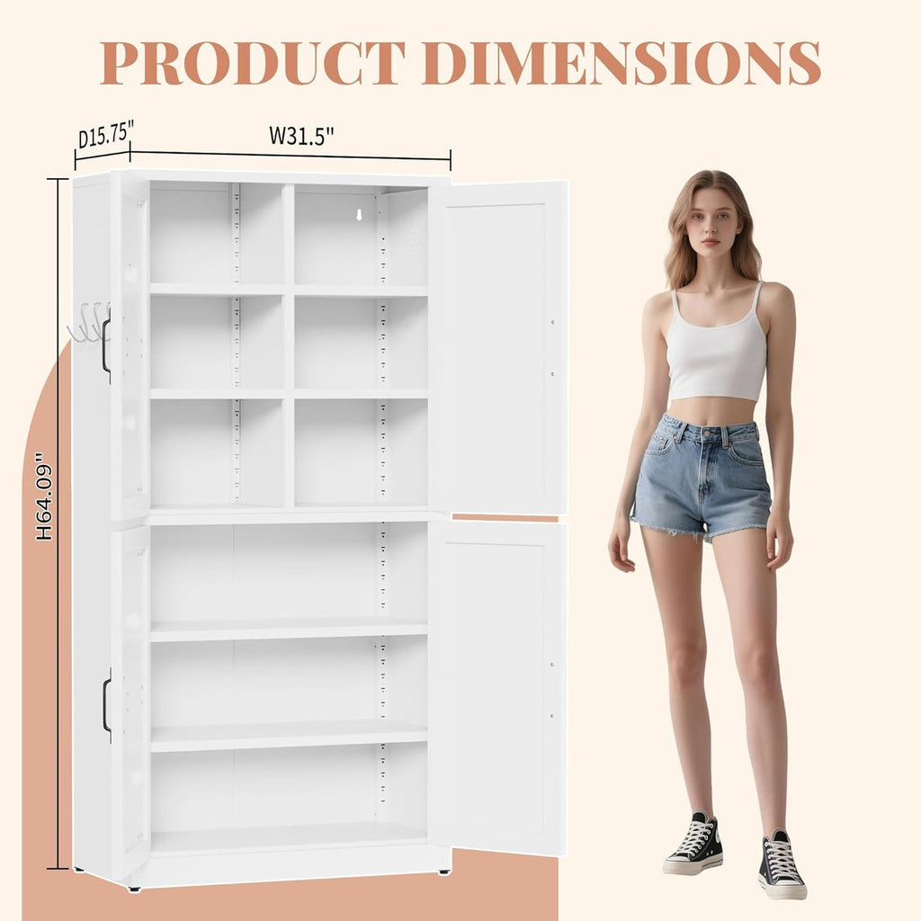 White Steel Kitchen Pantry Storage Cabinet with Barn Doors and Adjustable Shelves, Metal Farmhouse Cabinets for Living Room, Bathroom, Heavy Duty Rustic Pantry