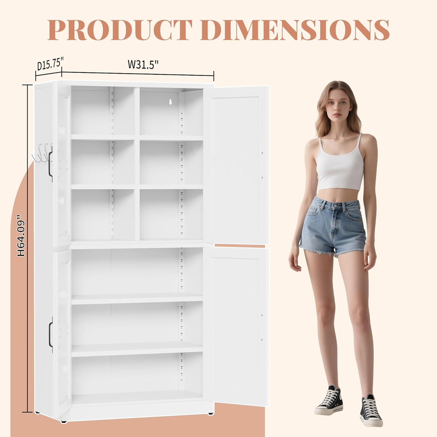 White Steel Kitchen Pantry Storage Cabinet with Barn Doors and Adjustable Shelves, Metal Farmhouse Cabinets for Living Room, Bathroom, Heavy Duty Rustic Pantry