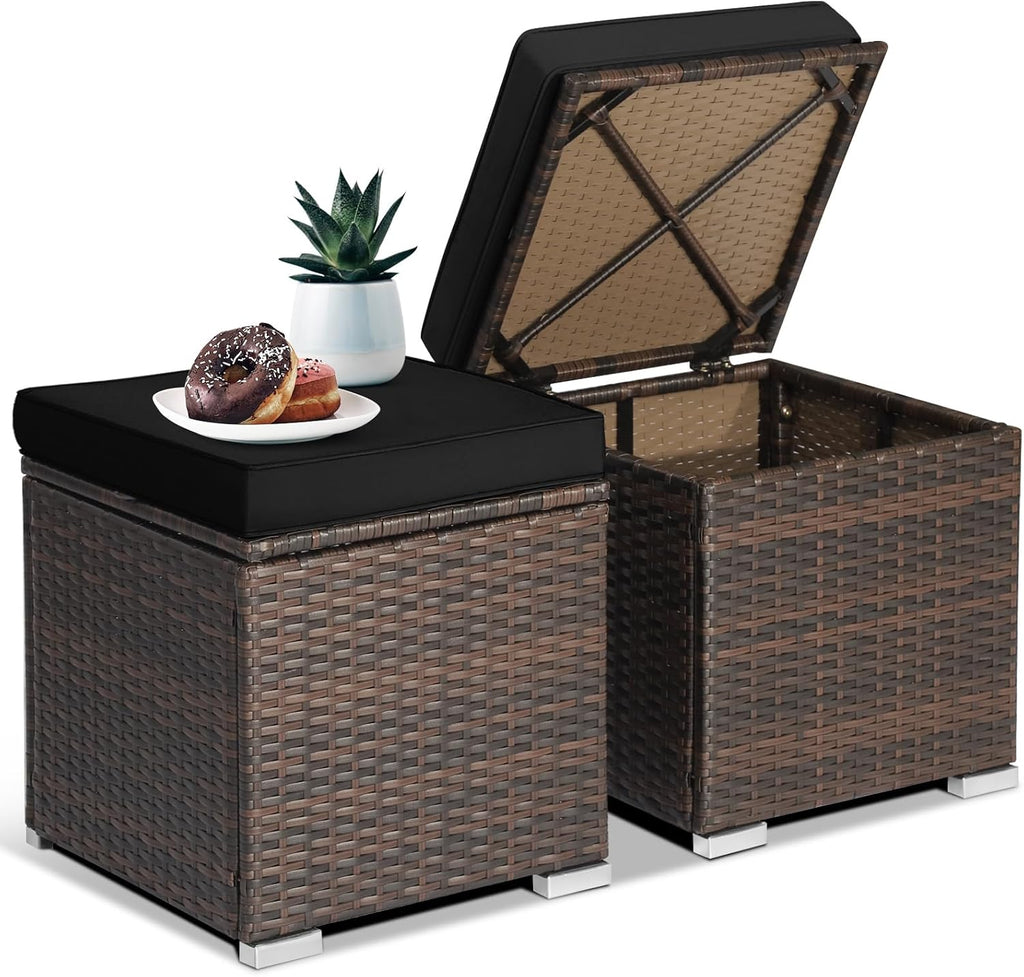 ORALNER 16" Outdoor Ottoman, Set of 2 Wicker Ottoman with Storage, All-Weather Rattan Cube Footstool w/Removable Cushion Covers, Square Foot Rest Seating for Patio, Porch, Deck, Poolside (Black)