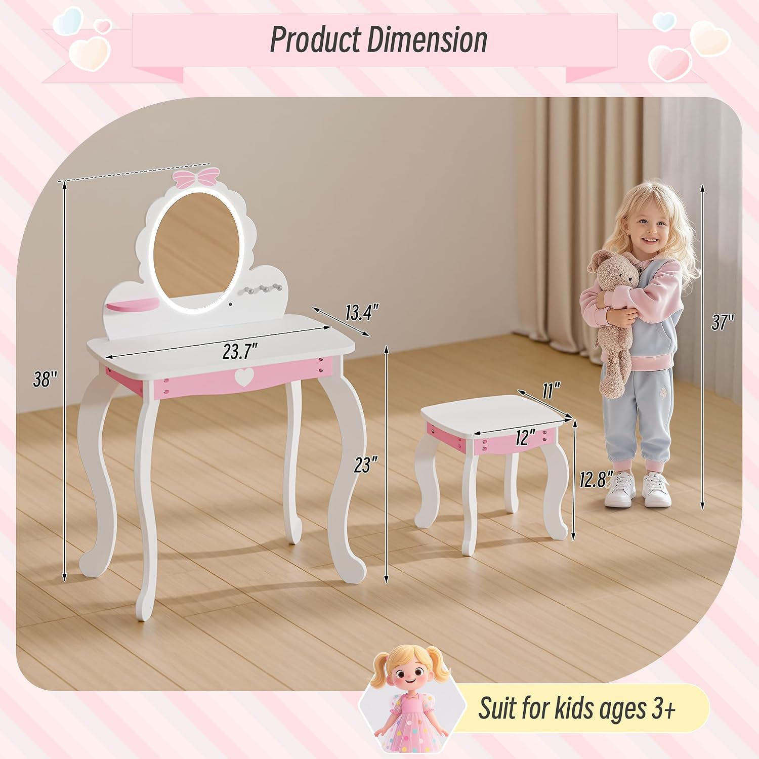 TOLEAD Girls Vanity Set with Lighted Mirror and Stool, Kids Vanity with Storage Space and Bow Pattern for Princess, Toddler Makeup Vanity Desk with Open Shelf and Bracelet Bods, White