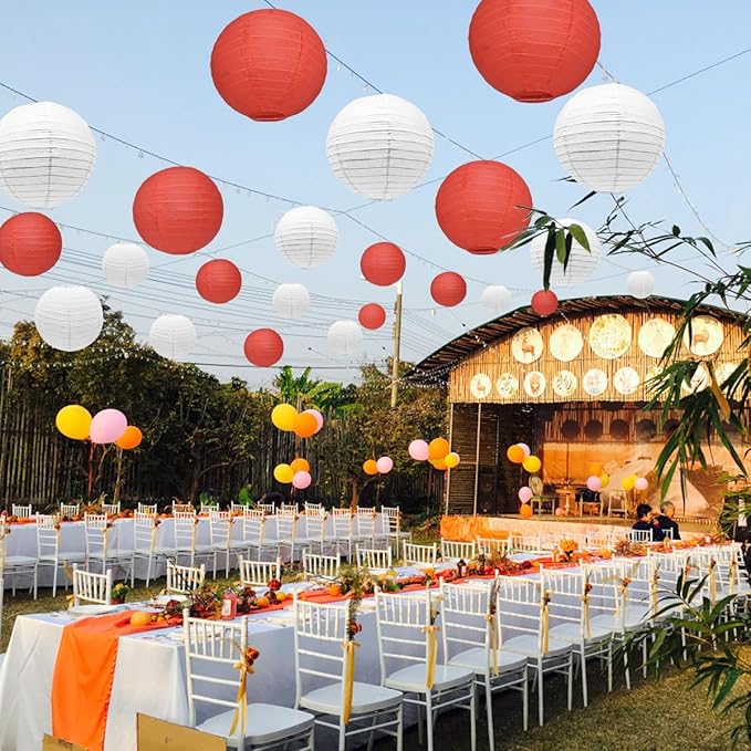 12Pcs Round Paper Lanterns Assorted Sizes (6" 8" 10" 12") for Home Decor, Restaurant, Church, Wedding, Birthday Party Decorations, Hanging Chinese Japanese Paper Lantern Lamps (White and Red)