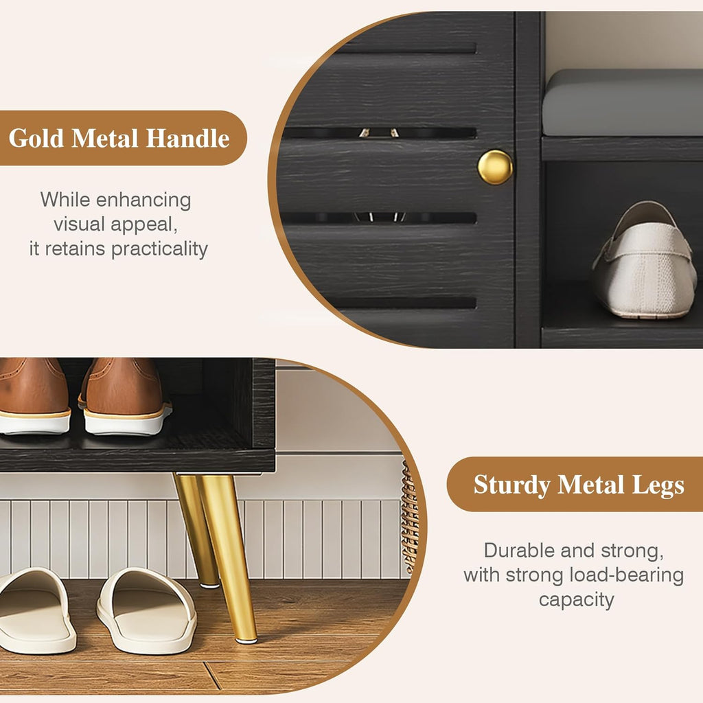VECELO Shoe Storage Bench with Door&Shelf, Entryway Bench with Seat Cushion, for Hallway, Bedroom, Living Room, L-Shaped, Black