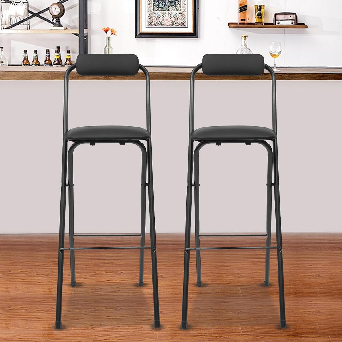 2Pcs Foldable Bar Chair, Tall Folding Chair, Portable Folding Stool Seat Height 29.53in for Outdoor/Indoor Kitchen Home Bar, Assembly Free (Black)