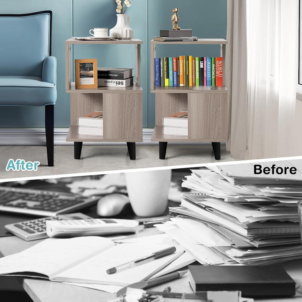 Giantex End Table, Wood Nightstand with Legs, Accent Sofa Side Table Open Storage Shelves, Small Bookcase for for Living Room Bedroom Study Room (Light Grey)