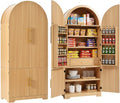72 Inch Tall Arched Pantry Cabinet with 8 Door Shelves, Fluted Wood Storage Cupboard with 3 Adjustable Shelves and pantry cabinet Hidden Drawer for Kitchen Dining Room Bathroom, Natural Finish