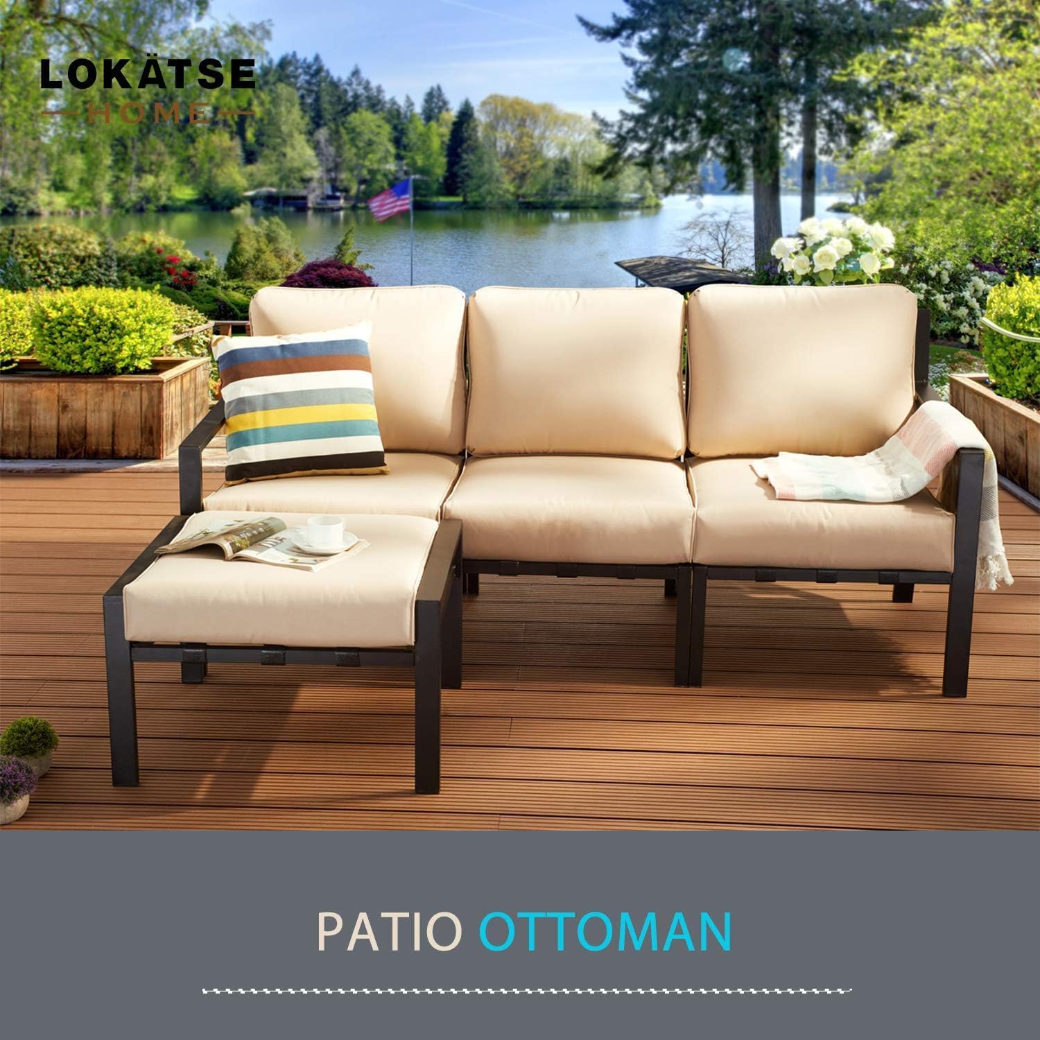 LOKATSE HOME Outdoor Ottoman Patio Footstool Small Seat Furniture with Soft Thick Cushion for Garden Yard Deck Poolside