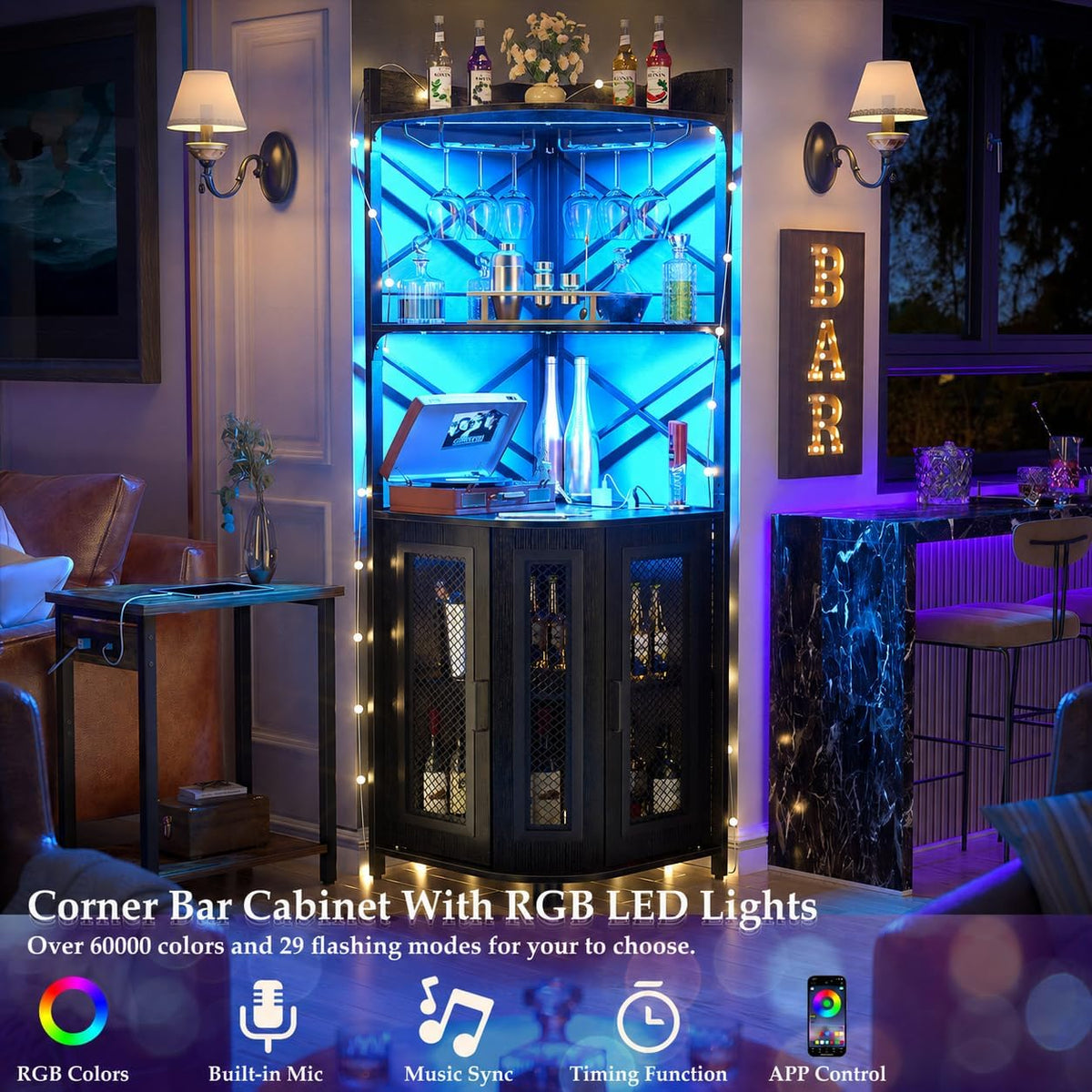 Aheaplus Corner Bar Cabinet with Power Outlet, Industrial Liquor Cabinet | 5-Tiers Wine Cabinet Mini Bar Unit with LED Strip and Glass Holder for Home, Corner Display Cabinet for Small Space, Black