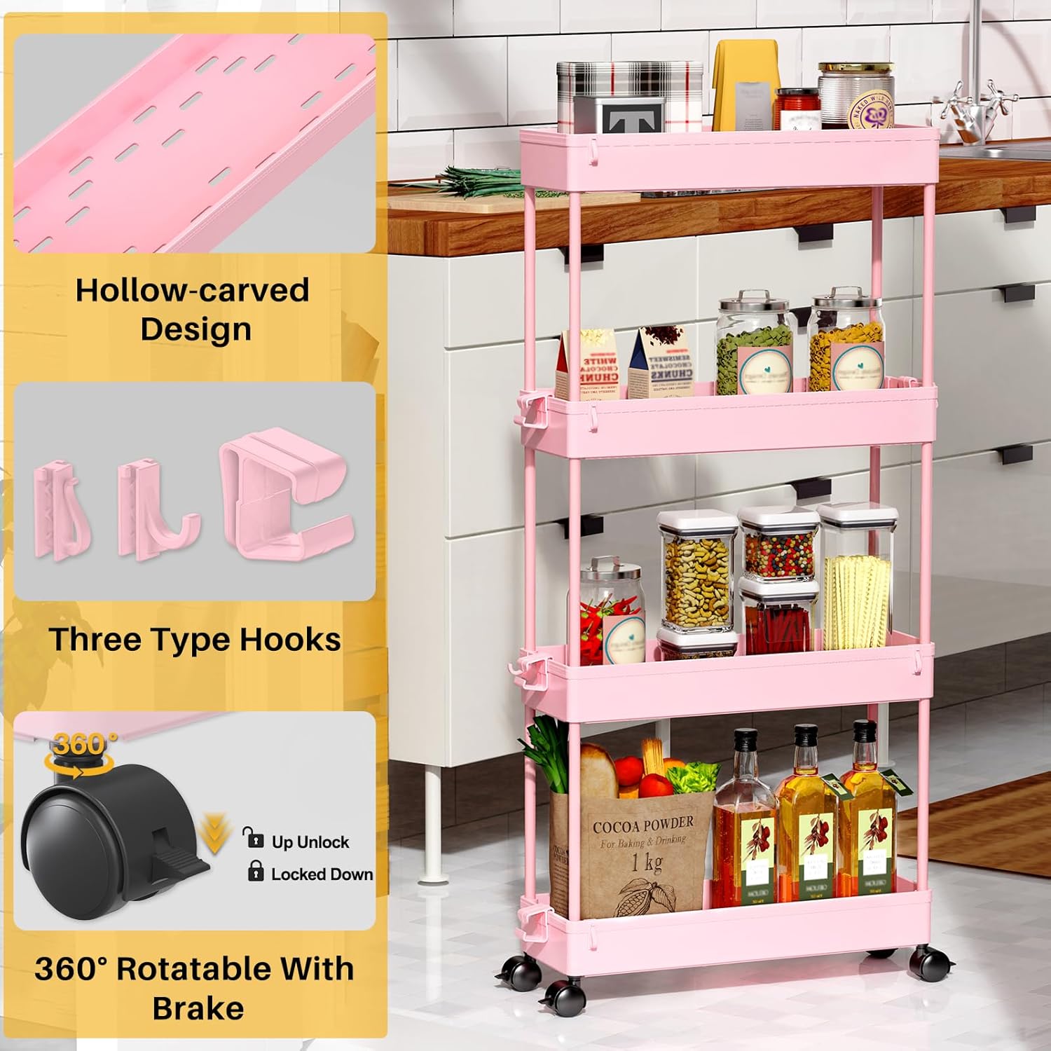 SPACEKEEPER Slim Rolling Storage Cart 4 Tier Bathroom Organizer Utility Cart Mobile Shelving Unit Tower Rack for Kitchen, Laundry Room, Bathroom, Narrow Places, Pink