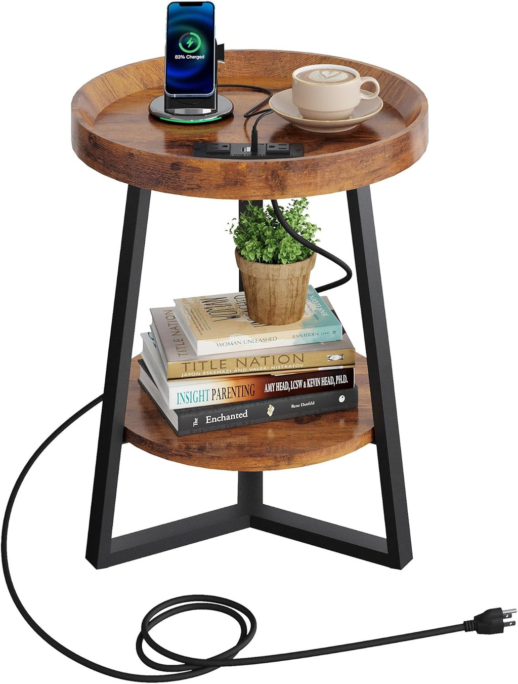 WLIVE Small Round Side Table with Charging Station, Round Coffee Table, 2 Tier End Table for Living Room/Bedroom, Sofa Couch, Easy to Assemble, Wood Tabletop & Metal Frame, Rustic Brown