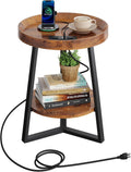 WLIVE Small Round Side Table with Charging Station, Round Coffee Table, 2 Tier End Table for Living Room/Bedroom, Sofa Couch, Easy to Assemble, Wood Tabletop & Metal Frame, Rustic Brown