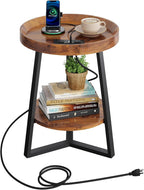WLIVE Small Round Side Table with Charging Station, Round Coffee Table, 2 Tier End Table for Living Room/Bedroom, Sofa Couch, Easy to Assemble, Wood Tabletop & Metal Frame, Rustic Brown