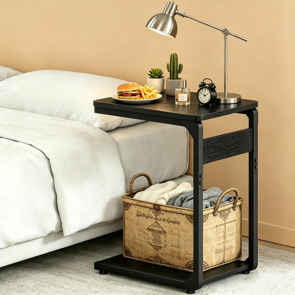 Wood Pedestal Small Sofa Side Table for Couch C Shaped End Table TV Trays Eating, Coffee Drink Dinner Food TV Tray Tables Slide Under Couch Night Stand Over Bedroom Bedside Living Room Black ET-YB-BK1