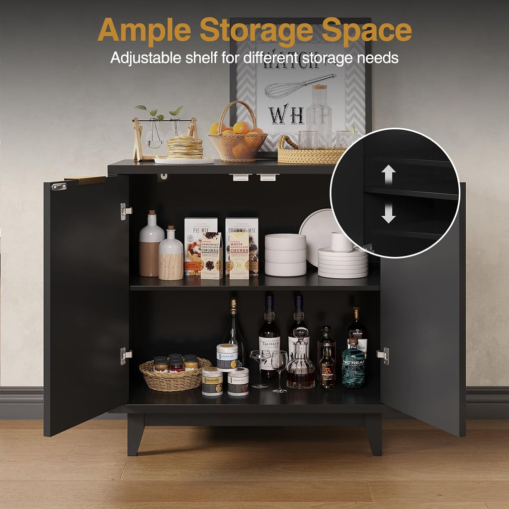 Vabches Modern Fluted Buffet Cabinet with Storage, 31.5" W Sideboard with Solid Wood Legs and Adjustable Shelf, Black Accent Cabinet for Kitchen, Living Room