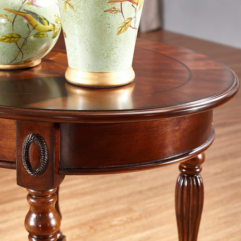 Solid Wood Oval End Table with Drawer, 28"x24" Sofa Side Table with Patterned Top and Vintage Carved Edge, Cherry Walnut Finish for Living Room or Bedroom