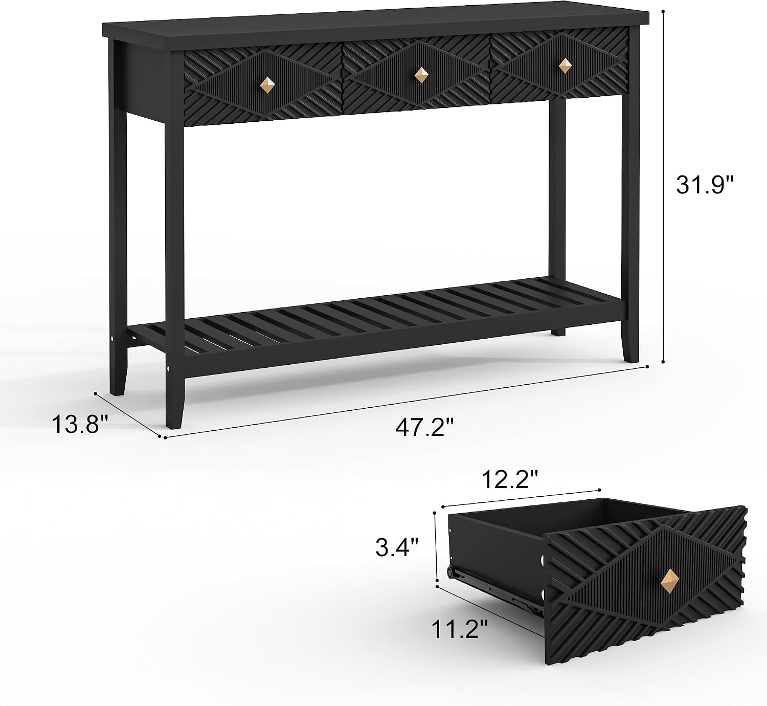 47" Console Table with 3 Drawers, Fluted Wood Entryway Table with Storage Shelf, Narrow Long Sofa Table Modern Behind Couch Accent Table for Living Room, Entryway, Hallway, Foyer