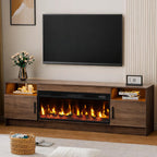 Kucreiheat Fireplace TV Stand for 65-80 inch TV, Large Entertainment Center with Fireplace & LED Lights,High Gloss Living Room Storage Cabinet,Walnut, 70''(Log)
