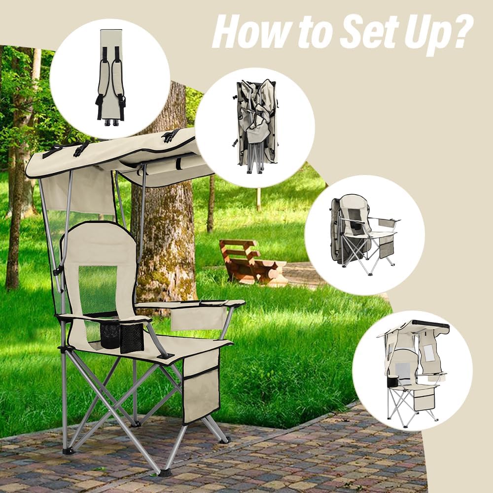 BESTHLS Camping Chair with Canopy Shade Portable Folding Beach Chairs with Cooler, Mesh Backrest, Cup Holder, and Pocket for Camping, Fishing, Beach, and Sports (White)