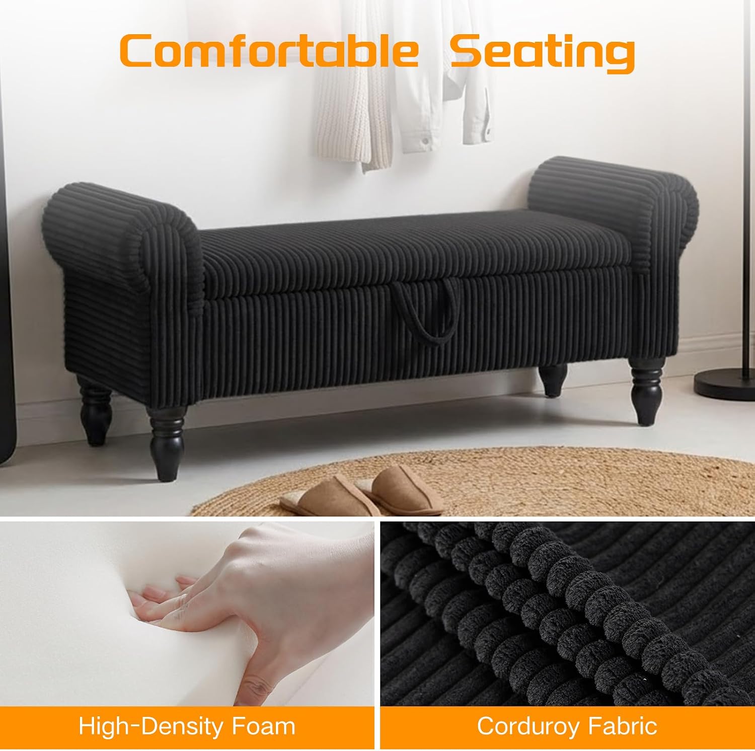 55" Storage Ottoman Bench, Corduroy End of Bed Bench for Bedroom, Black | Upholstered Entryway Bench with Seating, Solid Wood Legs, Rolled Arm, for Bedroom Living Room Window Hallway, up to 285 lbs