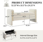 NIOIIKIT 52" Storage Ottoman Bench, Teddy Upholstered Storage Bench with Armrest, Entryway Bench with Pull-Ring, End of Bed Bench with Padded Cushion, Window Bench for Living Room (White)