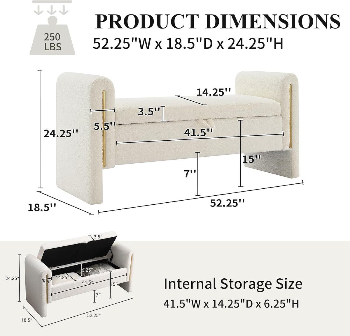 NIOIIKIT 52" Storage Ottoman Bench, Teddy Upholstered Storage Bench with Armrest, Entryway Bench with Pull-Ring, End of Bed Bench with Padded Cushion, Window Bench for Living Room (White)