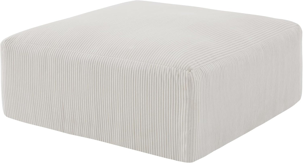 Gericco 113" Modular Sectional Couch, Cloud Sofa with Deep Seats, Upholstered Corduroy Square Stuffed Ottoman Pouf, 40 * 40 Inch Furry & Fluffy Movable Foot Stool for Living Room, Beige
